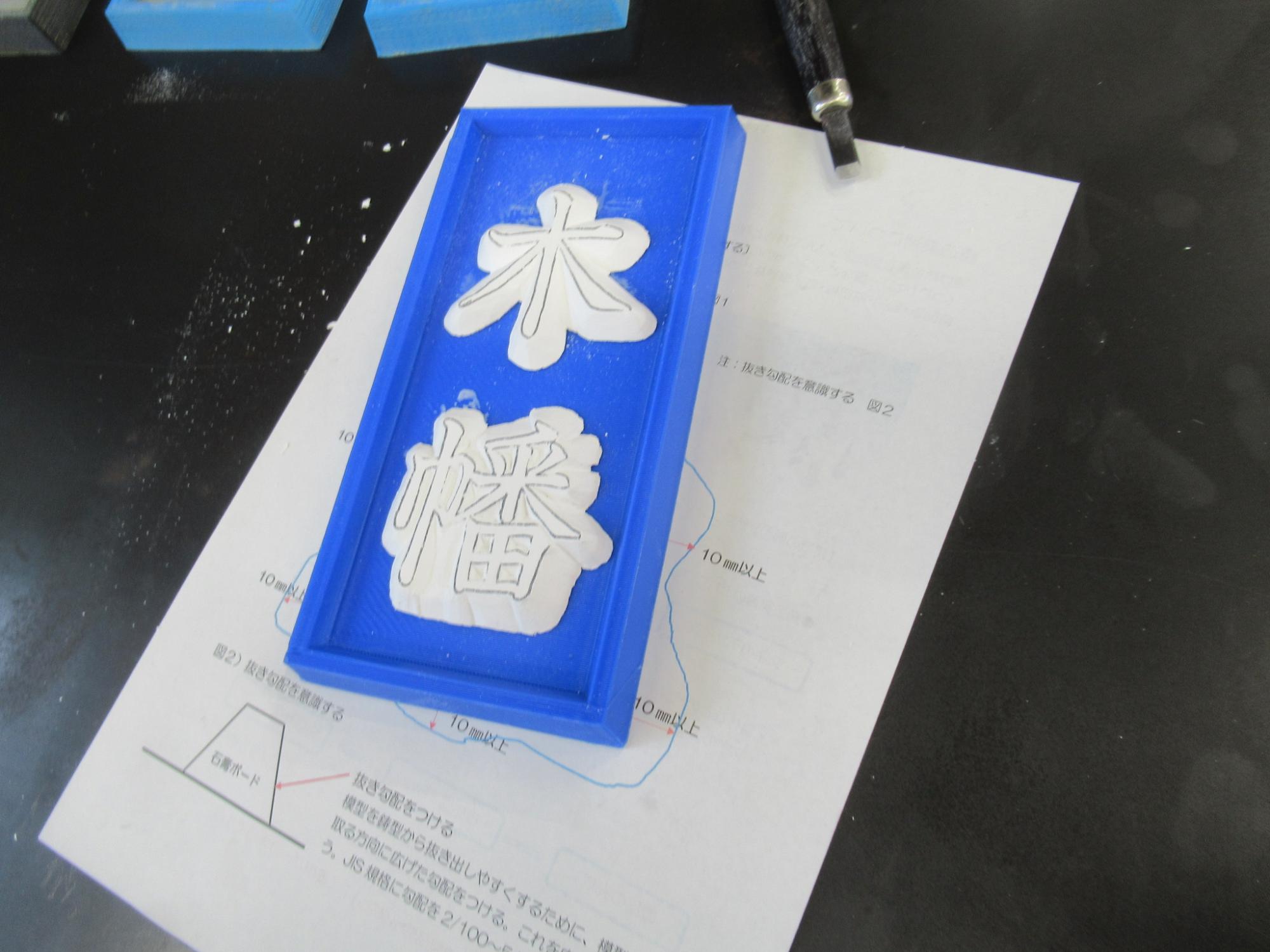 次に糸のこぎりでもちの部分を切り取り、彫刻刀で文字を彫って、立体的に文字を浮き上がらせるように彫っていきます。