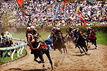 6騎の騎馬武者がコーナーを駆ける写真
