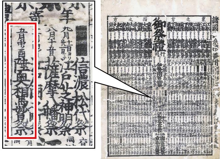 「諸国御祭礼番付」(右)の「年寄」枠に書かれた「陸奥相馬妙見祭(野馬追)」(左:赤枠内)