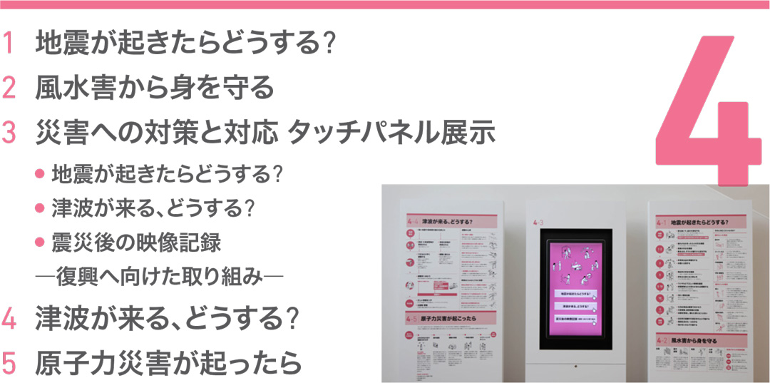 展示4 地震が起きたらどうする? 風水害から身を守る 災害への対策と対応 タッチパネル展示 津波が来る、どうする? 原子力災害が起ったらの写真