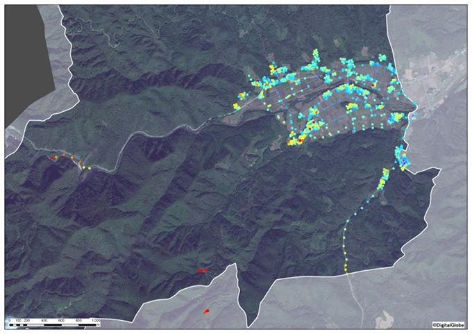 上栃窪地区全体の原発事故直後(推定)の空間線量図