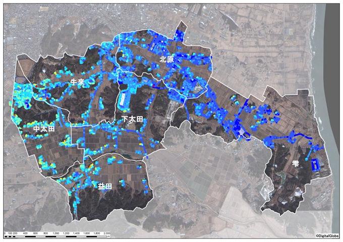 原町区南東部地区原発事故直後(推定)の空間線量率図