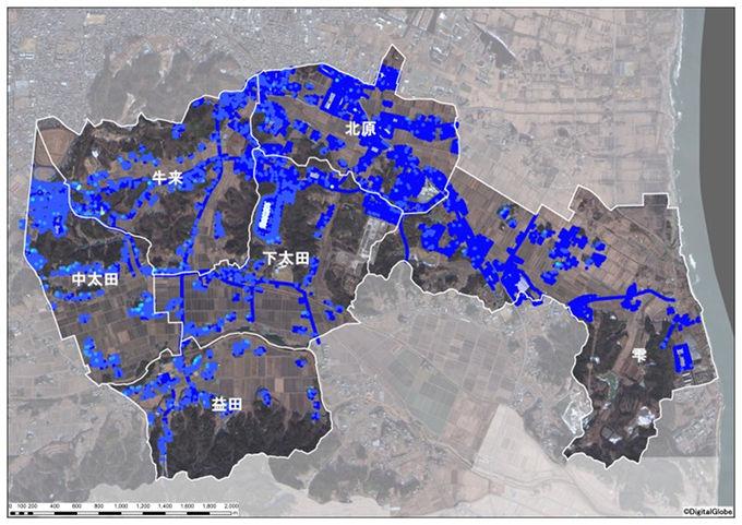 原町区南東部地区除染前の空間線量率図