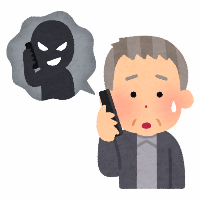 高齢者の男性が怪しい人物と電話で話しているイラスト画像