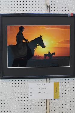 オレンジ色のきれいな夕日の中に人を乗せた馬2頭がたたずむ写真