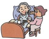 ベッドに座っている高齢者女性に食事を与えている女性の画像