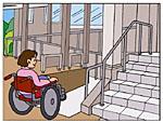 スロープのある建物を利用する車椅子の女性の画像
