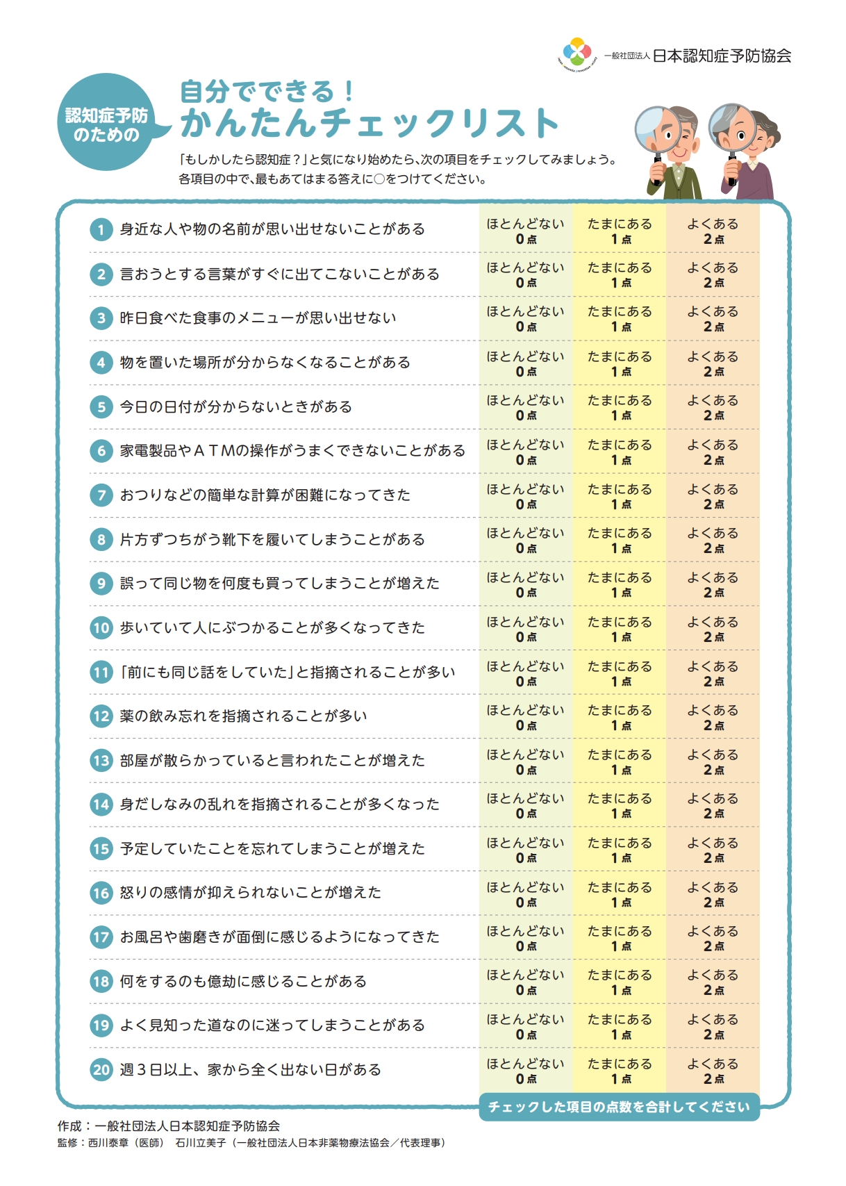 認知症予防のための自分でできるかんたんチェックリスト