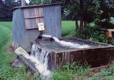 暗い草原の脇に設置されている、古めかしい地下水くみ上げ用の井戸から地下水があふれ出ている写真