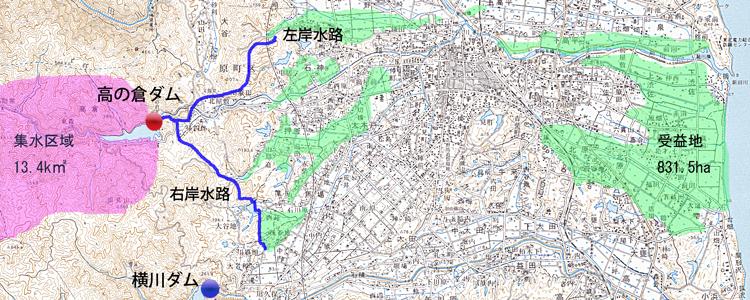 高の倉ダムの流域図。高の倉ダムの集水区域がピンクに色付けされ、2本の水路がマーカーで強調されている画像