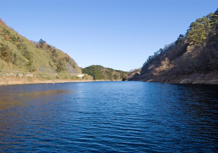 澄んだ青空と周辺が木に囲まれた、さざ波の漂う横川ダム貯水池を水面から撮影した風景写真。