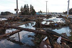 津波に家屋が流され、残骸が道路に散乱している写真