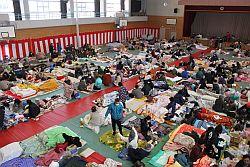 緑色のシートが敷かれた石神第一小学校にて、沢山の人々が避難生活を強いられている写真