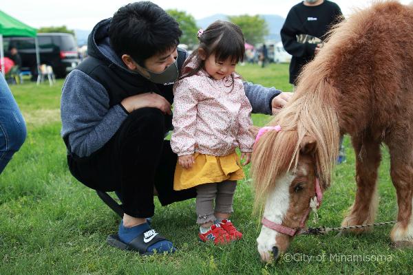 馬と触れ合う親子の写真