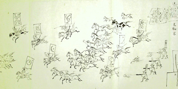 野馬を追いかける様子の日本画