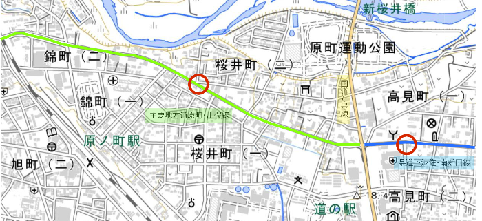 南相馬市原町区の鮭川の道標の位置を示した地図