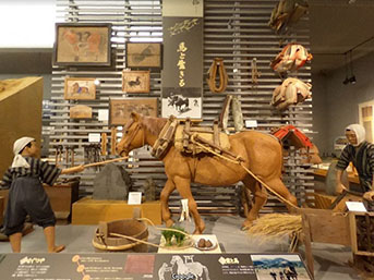 南相馬市博物館展示室の民俗コーナーの一部。農耕馬と先導をする人と代かきする人のジオラマが写っている。