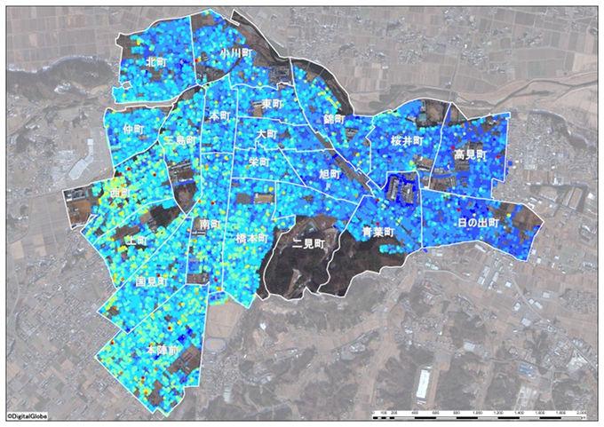 原町区中心部地区原発事故直後（推定）の空間線量率図