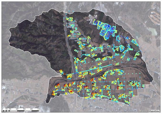 深野地区全体の原発事故直後（推定）の空間線量図