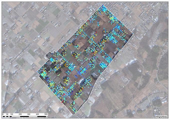 陣ヶ崎一地区全体の原発事故直後（推定）の空間線量図