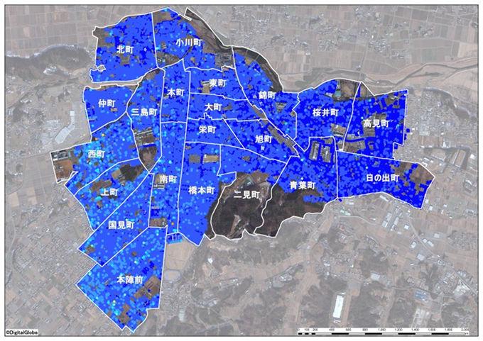 原町区中心部地区除染前の空間線量率図